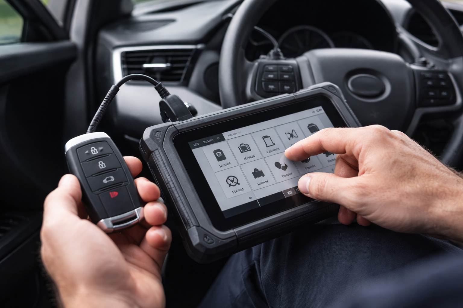 Professional automotive locksmith programming smart key for modern vehicle