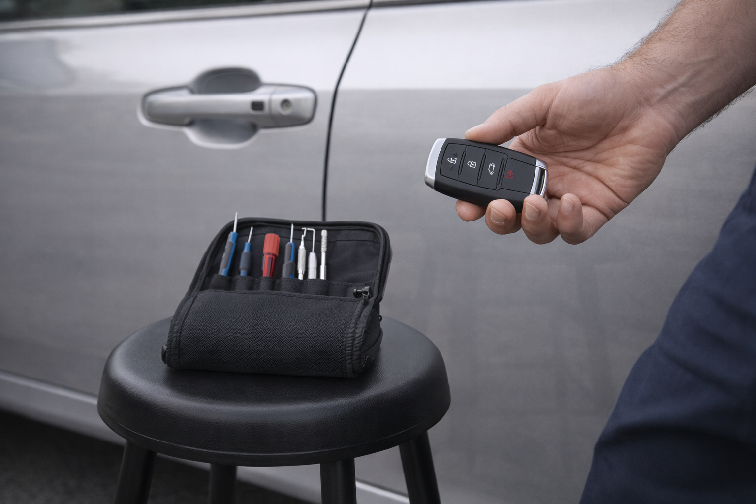 Professional mobile locksmith with modern car key and smart key programming equipment